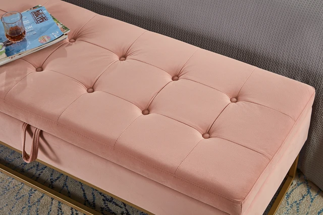 Alt view image 6 of 7 - 58.6 Inch Bed Bench Metal Base with Storage Velvet, Pink, Benches Stools