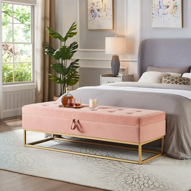 Main image of 58.6 Inch Bed Bench Metal Base with Storage Velvet, Pink, Benches Stools