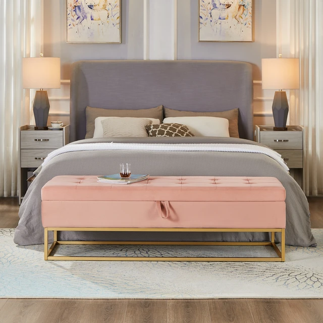 Alt view image 2 of 7 - 58.6 Inch Bed Bench Metal Base with Storage Velvet, Pink, Benches Stools