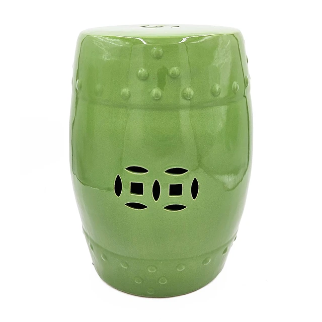 Alt view image 2 of 7 - 18 Inch Ceramic Barrel Stool with Cutout Design, Accent Side Table, Green, Benches Stools