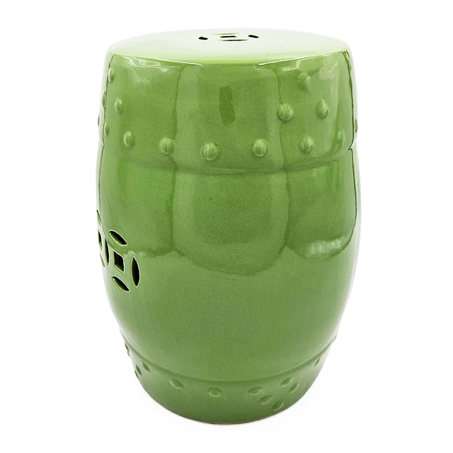 Alt view image 3 of 7 - 18 Inch Ceramic Barrel Stool with Cutout Design, Accent Side Table, Green, Benches Stools