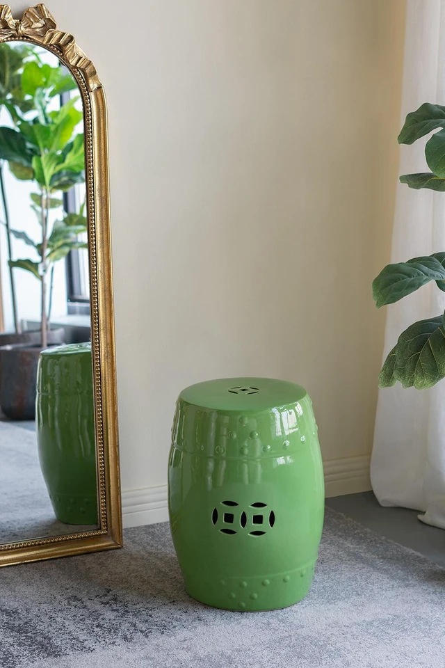 Main image of 18 Inch Ceramic Barrel Stool with Cutout Design, Accent Side Table, Green, Benches Stools