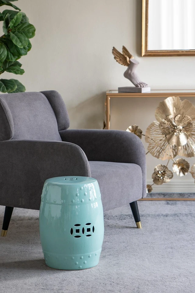Main image of 18 Inch Ceramic Barrel Stool with Cutout Design, Accent Side Table, Blue, Benches Stools