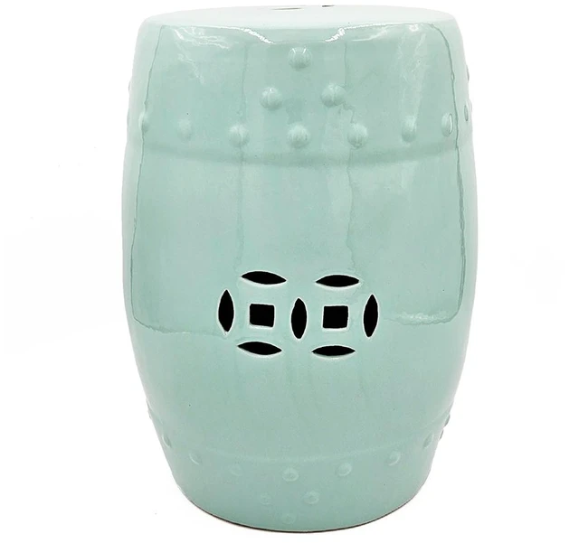 Alt view image 2 of 7 - 18 Inch Ceramic Barrel Stool with Cutout Design, Accent Side Table, Blue, Benches Stools