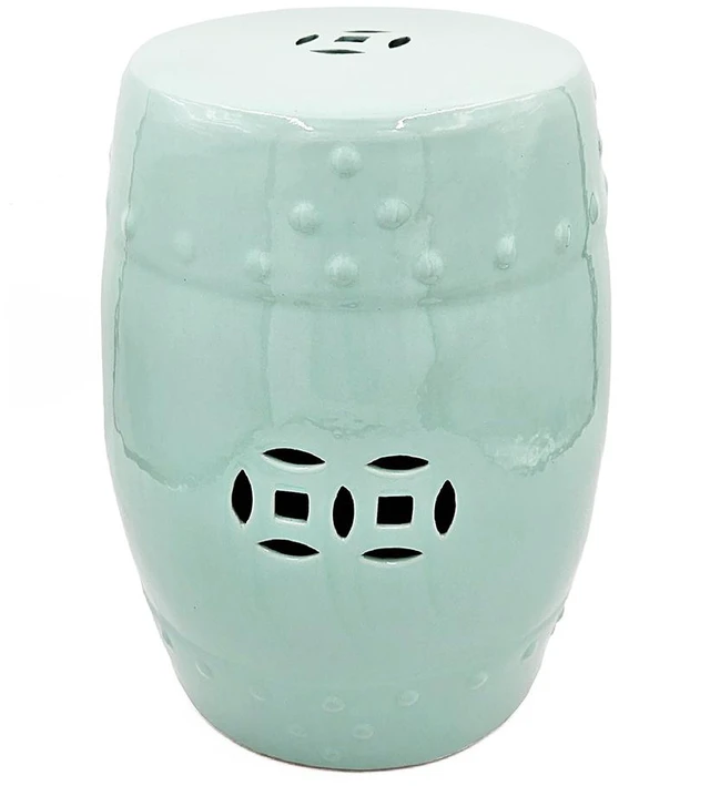 Alt view image 4 of 7 - 18 Inch Ceramic Barrel Stool with Cutout Design, Accent Side Table, Blue, Benches Stools