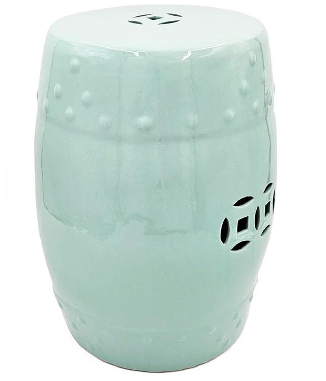 Alt view image 3 of 7 - 18 Inch Ceramic Barrel Stool with Cutout Design, Accent Side Table, Blue, Benches Stools