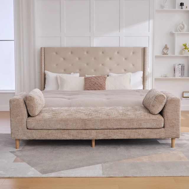 Alt view image 2 of 7 - 83.1 Inch Wide Upholstered End Bed Bench with Armrests, Chenille Chaise Lounge Couch with Bolster Pillows Daybed