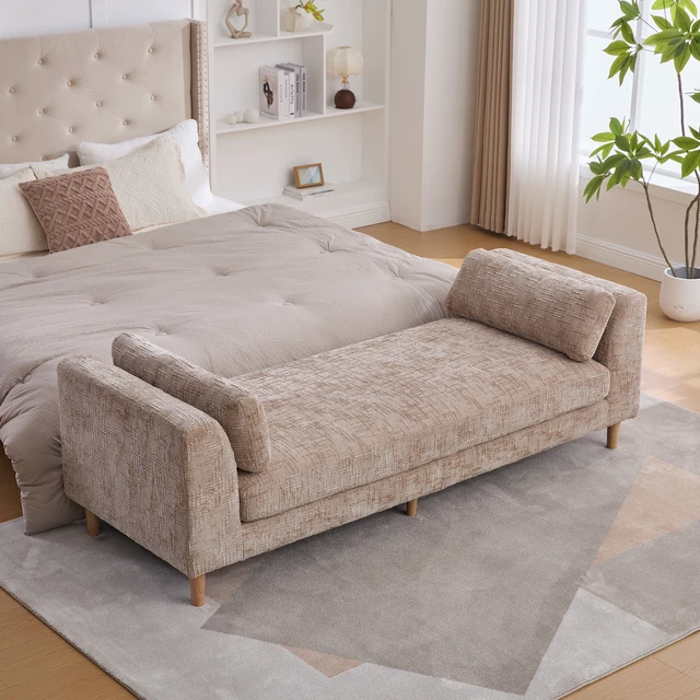 Main image of 83.1 Inch Wide Upholstered End Bed Bench with Armrests, Chenille Chaise Lounge Couch with Bolster Pillows Daybed