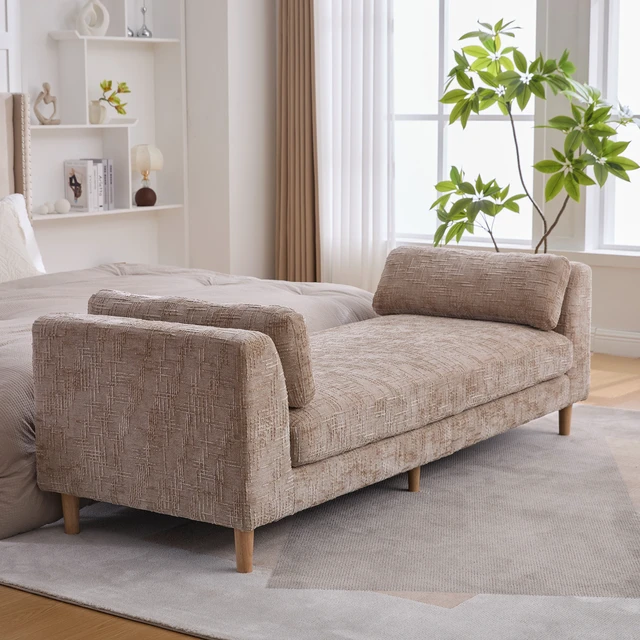 Alt view image 4 of 7 - 83.1 Inch Wide Upholstered End Bed Bench with Armrests, Chenille Chaise Lounge Couch with Bolster Pillows Daybed
