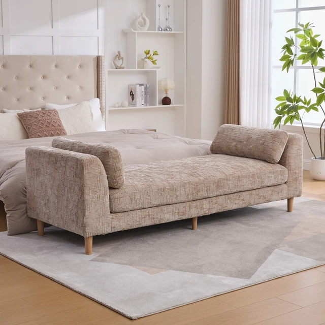 Alt view image 5 of 7 - 83.1 Inch Wide Upholstered End Bed Bench with Armrests, Chenille Chaise Lounge Couch with Bolster Pillows Daybed