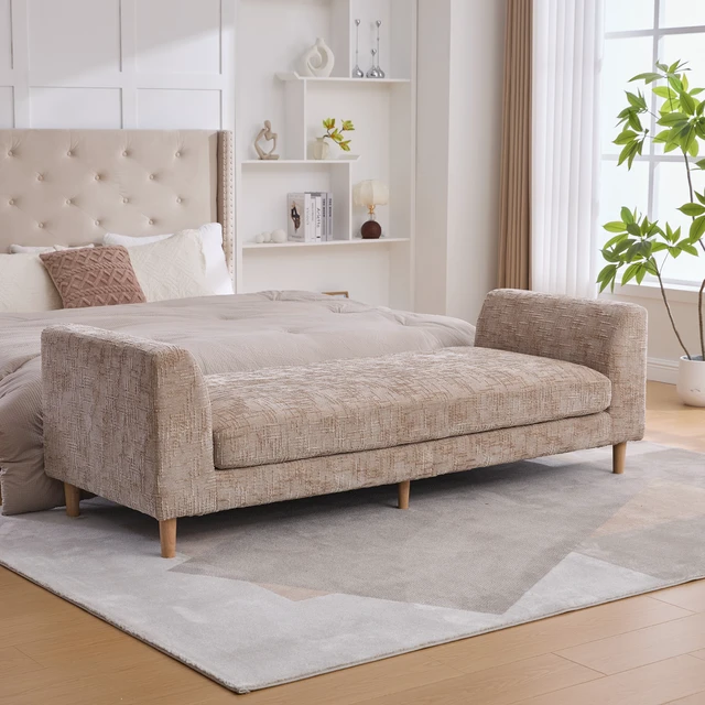 Alt view image 3 of 7 - 83.1 Inch Wide Upholstered End Bed Bench with Armrests, Chenille Chaise Lounge Couch with Bolster Pillows Daybed