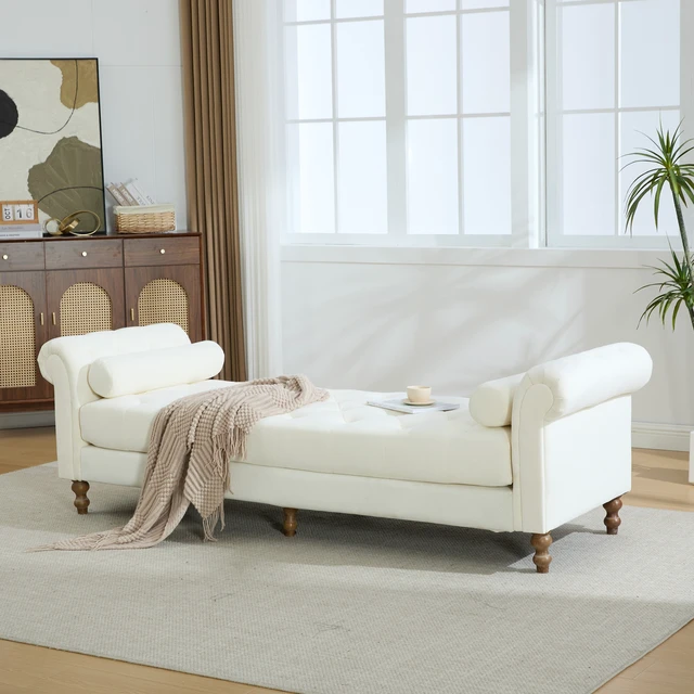 Alt view image 7 of 7 - 87.01 Inch Wide Upholstered End Bed Bench with Armrests, Chenille Chaise Lounge Couch with Bolster Pillows Daybed