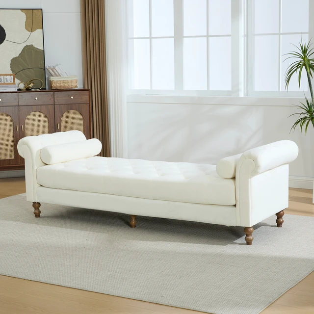 Alt view image 5 of 7 - 87.01 Inch Wide Upholstered End Bed Bench with Armrests, Chenille Chaise Lounge Couch with Bolster Pillows Daybed