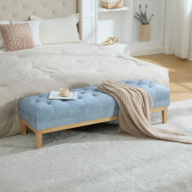 Main image of 63 Inch Wide Upholstered Chenille Accent End Bed Bench Ottoman with Nature Finished Rubberwood Legs, Tufted Footstool