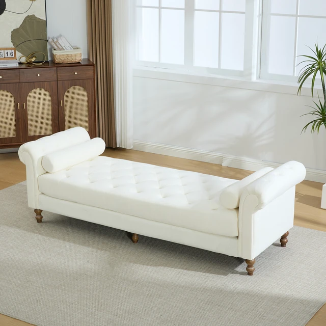 Alt view image 3 of 7 - 87.01 Inch Wide Upholstered End Bed Bench with Armrests, Chenille Chaise Lounge Couch with Bolster Pillows Daybed