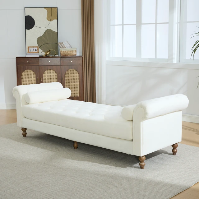 Alt view image 4 of 7 - 87.01 Inch Wide Upholstered End Bed Bench with Armrests, Chenille Chaise Lounge Couch with Bolster Pillows Daybed