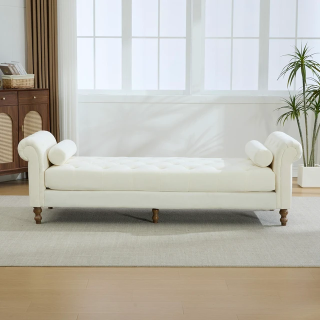 Main image of 87.01 Inch Wide Upholstered End Bed Bench with Armrests, Chenille Chaise Lounge Couch with Bolster Pillows Daybed