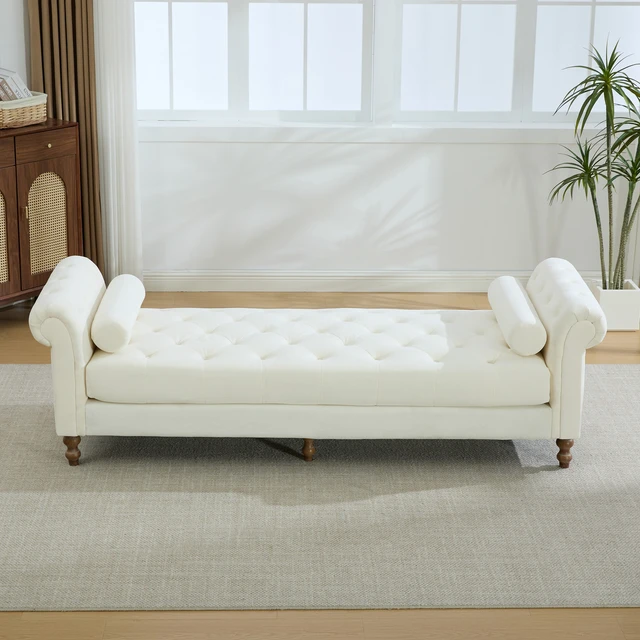 Alt view image 2 of 7 - 87.01 Inch Wide Upholstered End Bed Bench with Armrests, Chenille Chaise Lounge Couch with Bolster Pillows Daybed