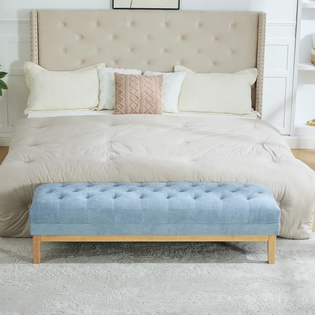 Alt view image 3 of 7 - 63 Inch Wide Upholstered Chenille Accent End Bed Bench Ottoman with Nature Finished Rubberwood Legs, Tufted Footstool