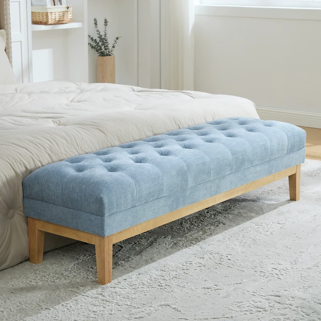 Alt view image 2 of 7 - 63 Inch Wide Upholstered Chenille Accent End Bed Bench Ottoman with Nature Finished Rubberwood Legs, Tufted Footstool