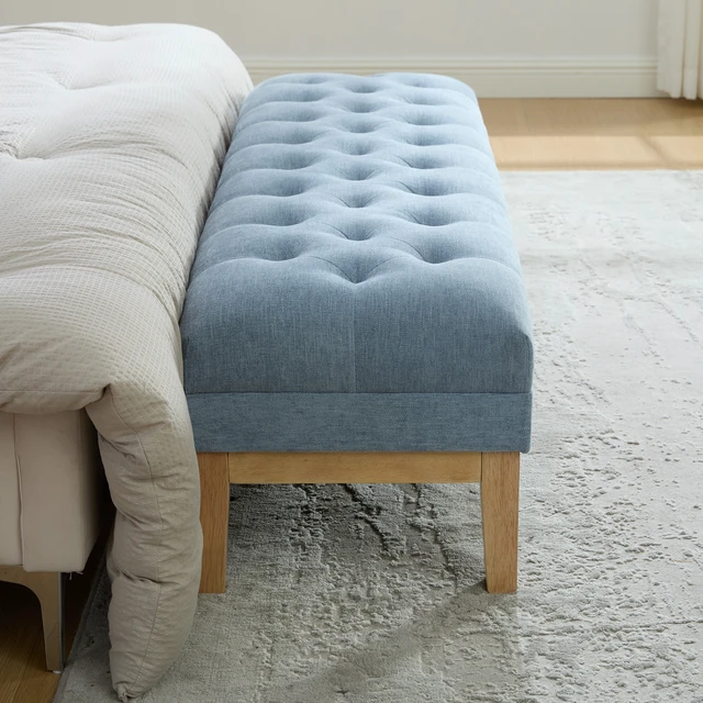 Alt view image 4 of 7 - 63 Inch Wide Upholstered Chenille Accent End Bed Bench Ottoman with Nature Finished Rubberwood Legs, Tufted Footstool