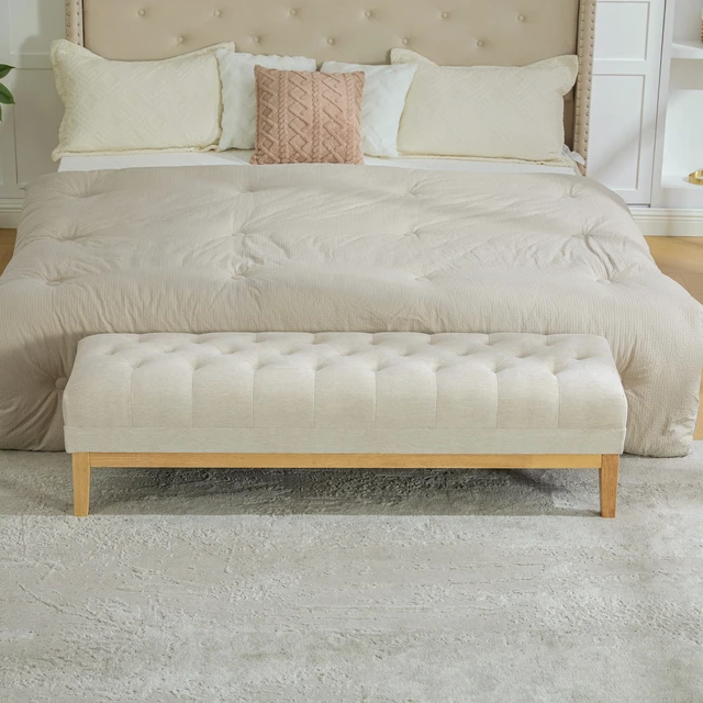 Alt view image 2 of 7 - 63 Inch Wide Upholstered Chenille Accent End Bed Bench Ottoman with Nature Finished Rubberwood Legs, Tufted Footstool