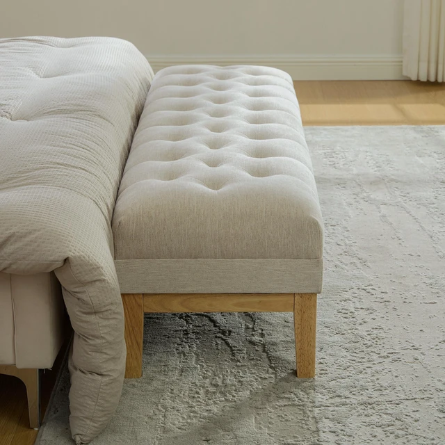 Alt view image 4 of 7 - 63 Inch Wide Upholstered Chenille Accent End Bed Bench Ottoman with Nature Finished Rubberwood Legs, Tufted Footstool