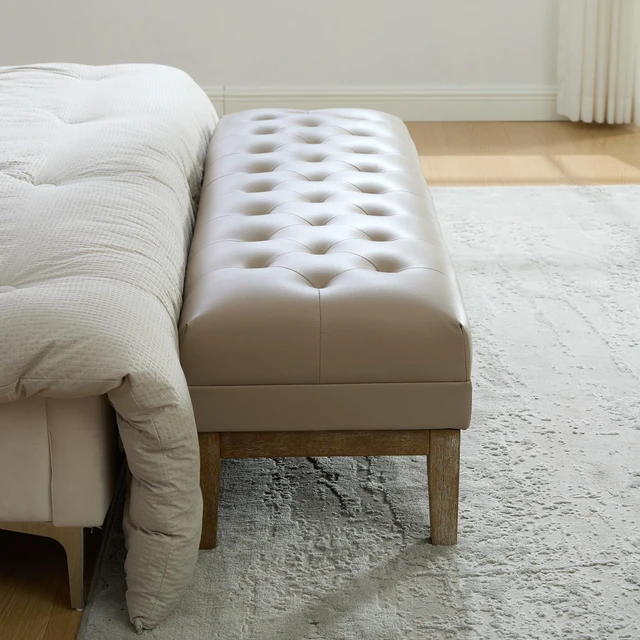 Alt view image 2 of 7 - 63 Inch Upholstered Faux Leather Accent End Bed Bench Ottoman with Seadrift Finished Rubberwood Legs, Tufted