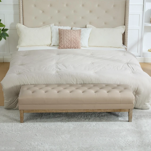 Alt view image 3 of 7 - 63 Inch Upholstered Faux Leather Accent End Bed Bench Ottoman with Seadrift Finished Rubberwood Legs, Tufted