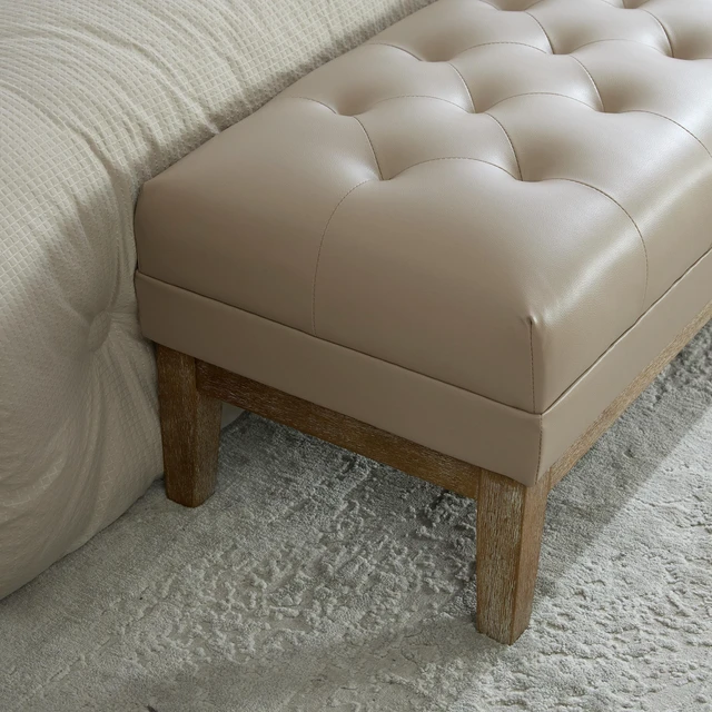 Alt view image 6 of 7 - 63 Inch Upholstered Faux Leather Accent End Bed Bench Ottoman with Seadrift Finished Rubberwood Legs, Tufted
