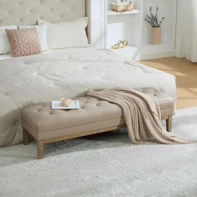 Main image of 63 Inch Upholstered Faux Leather Accent End Bed Bench Ottoman with Seadrift Finished Rubberwood Legs, Tufted