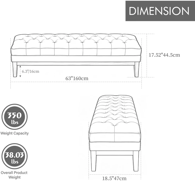 Alt view image 5 of 7 - 63 Inch Wide Upholstered Chenille Accent End Bed Bench Ottoman with Nature Finished Rubberwood Legs, Tufted Footstool