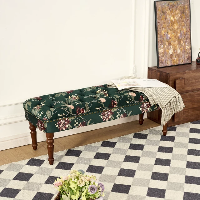 Alt view image 7 of 7 - Sofa Chair Living Single Sofa Chair and Tufted Floral Bench with Turned Wood Legs, European Dressing Stool Lazy Green