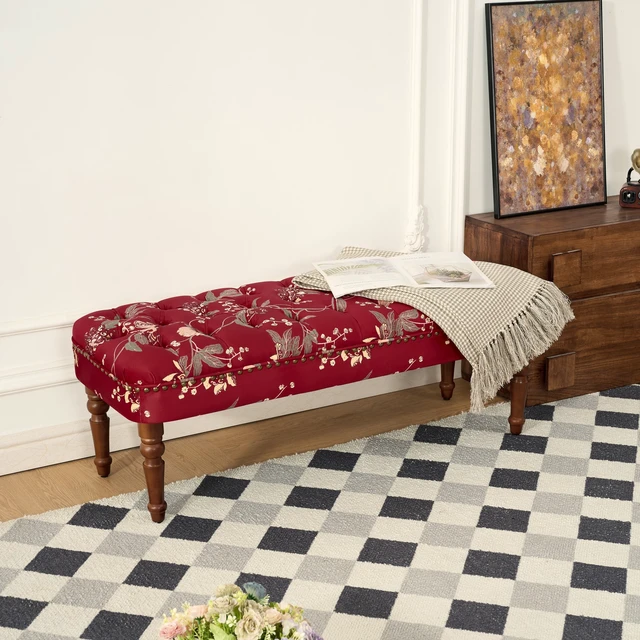 Alt view image 3 of 7 - European Tufted Floral Bench with Turned Wood Legs, American Upholstered Ottoman for and Primary Living Space Wine
