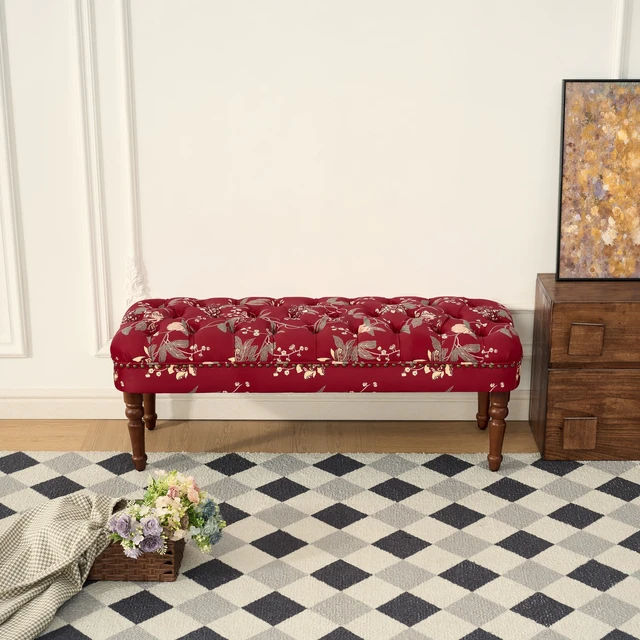 Alt view image 2 of 7 - European Tufted Floral Bench with Turned Wood Legs, American Upholstered Ottoman for and Primary Living Space Wine