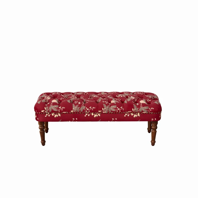 Alt view image 7 of 7 - European Tufted Floral Bench with Turned Wood Legs, American Upholstered Ottoman for and Primary Living Space Wine