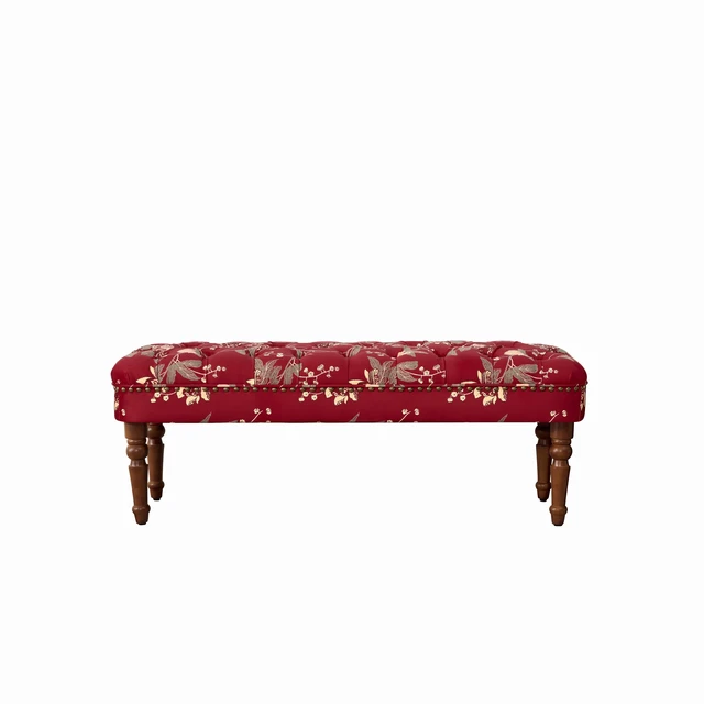 Alt view image 6 of 7 - European Tufted Floral Bench with Turned Wood Legs, American Upholstered Ottoman for and Primary Living Space Wine