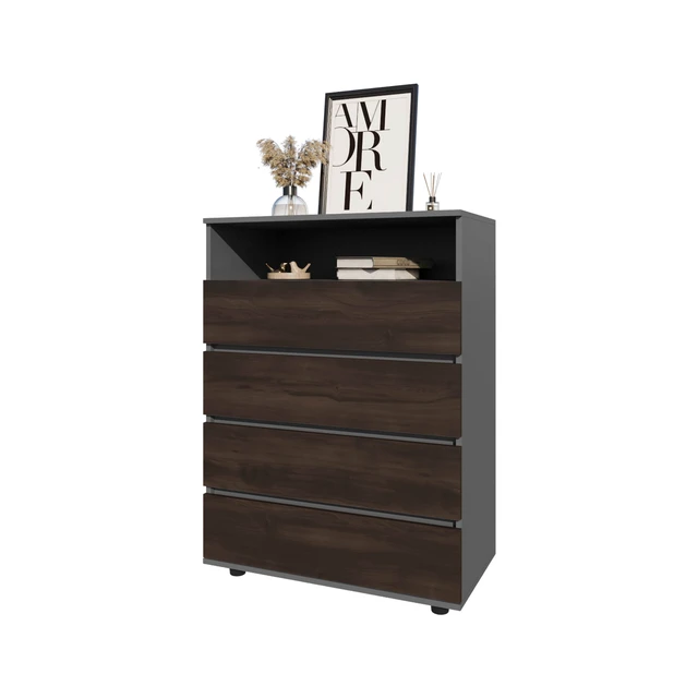 Alt view image 3 of 6 - Stained 4 Drawer Dresser with Open Shelf, Grey Brown, Particle Board, Dressers Chests Wardrobes