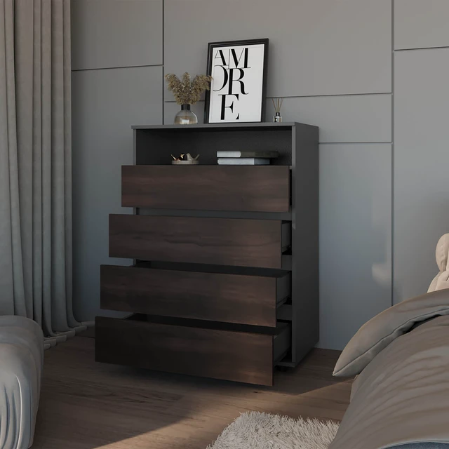 Alt view image 5 of 6 - Stained 4 Drawer Dresser with Open Shelf, Grey Brown, Particle Board, Dressers Chests Wardrobes