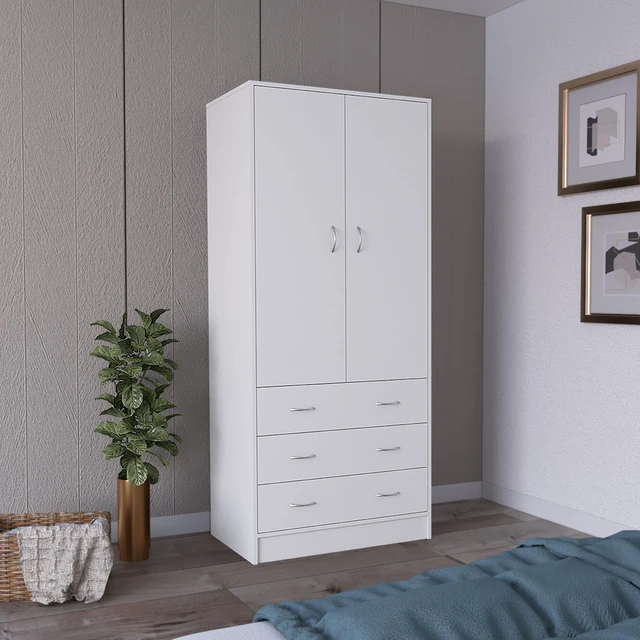 Main image of Armoire 71 Inch, 2 Doors 3 Drawers and Hanging Rod, White, Engineered Wood, Dressers Chests Wardrobes