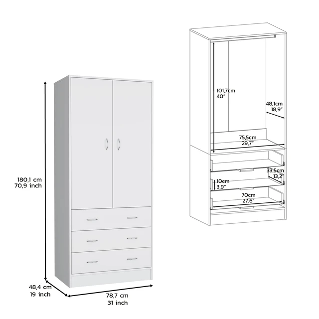 Alt view image 7 of 7 - Armoire 71 Inch, 2 Doors 3 Drawers and Hanging Rod, White, Engineered Wood, Dressers Chests Wardrobes