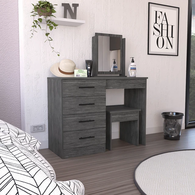Main image of Makeup Dressing Table, Mirror Four Drawers Stool Smokey, Smoke Grey, Engineered Wood, Dressers Chests Wardrobes