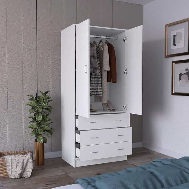 Alt view image 4 of 7 - Armoire 71 Inch, 2 Doors 3 Drawers and Hanging Rod, White, Engineered Wood, Dressers Chests Wardrobes