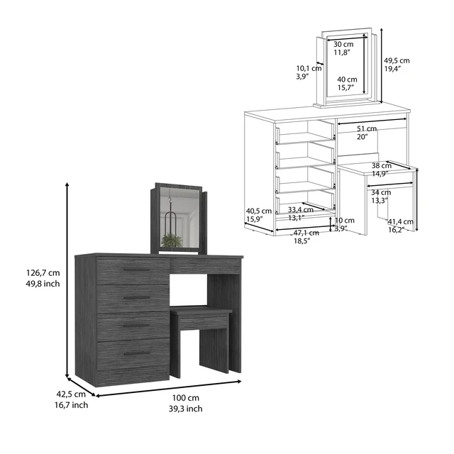 Alt view image 4 of 6 - Makeup Dressing Table, Mirror Four Drawers Stool Smokey, Smoke Grey, Engineered Wood, Dressers Chests Wardrobes