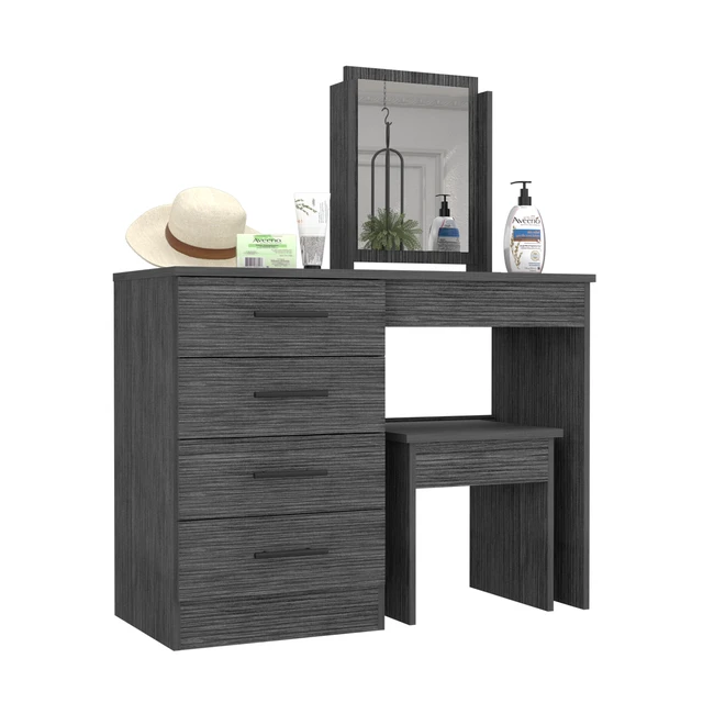 Alt view image 3 of 6 - Makeup Dressing Table, Mirror Four Drawers Stool Smokey, Smoke Grey, Engineered Wood, Dressers Chests Wardrobes