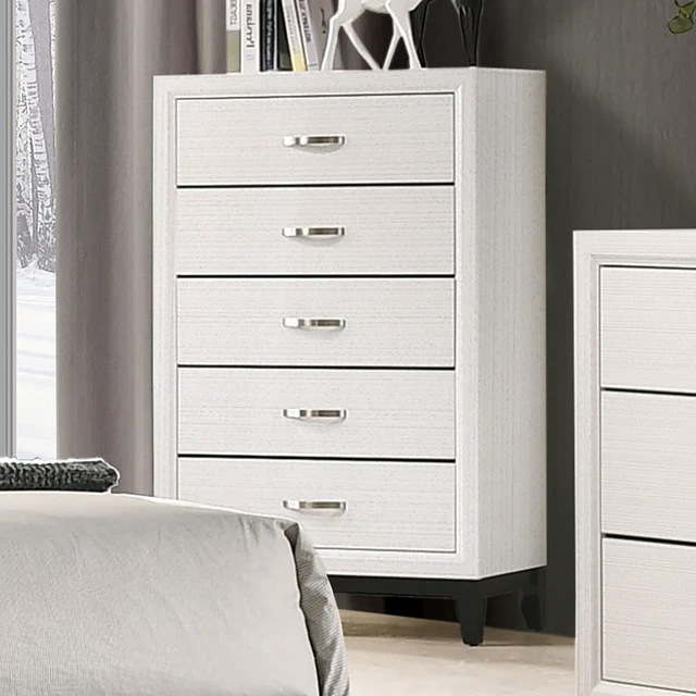 Alt view image 6 of 7 - 1 pc Chest Two Tone Design Wooden Legs Nickel Bar Pulls White Finish Furniture, Engineered Wood and Paper, Dressers
