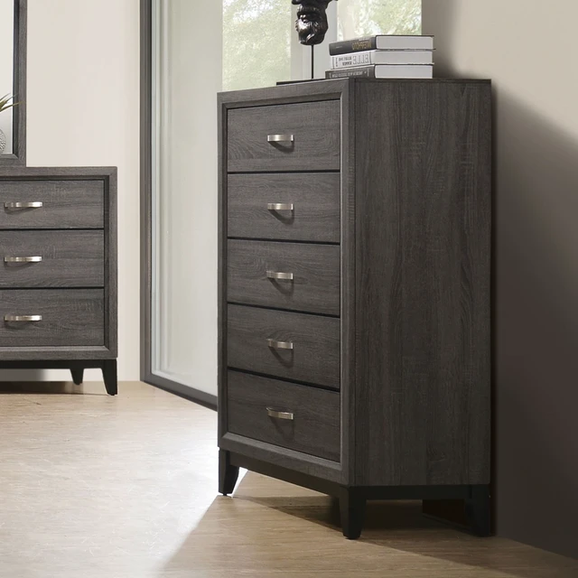 Alt view image 6 of 7 - 1 pc Chest Two Tone Design Wooden Legs Nickel Bar Pulls Gray Finish Furniture, Engineered Wood and Paper, Dressers