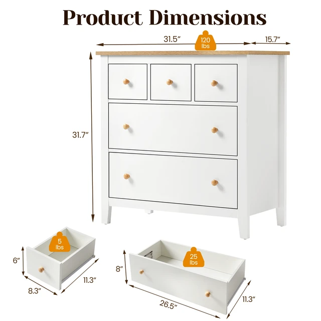 Alt view image 2 of 7 - Large 5 Drawer Nightstand Bedside Table with Solid Knobs Accent Side Table, White, Engineered Wood, Dressers Chests