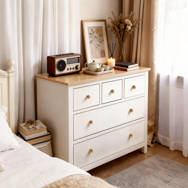 Main image of Large 5 Drawer Nightstand Bedside Table with Solid Knobs Accent Side Table, White, Engineered Wood, Dressers Chests
