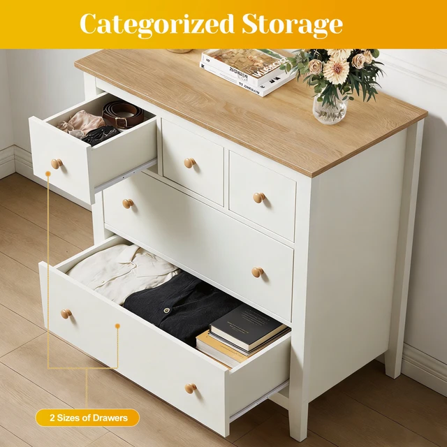 Alt view image 4 of 7 - Large 5 Drawer Nightstand Bedside Table with Solid Knobs Accent Side Table, White, Engineered Wood, Dressers Chests